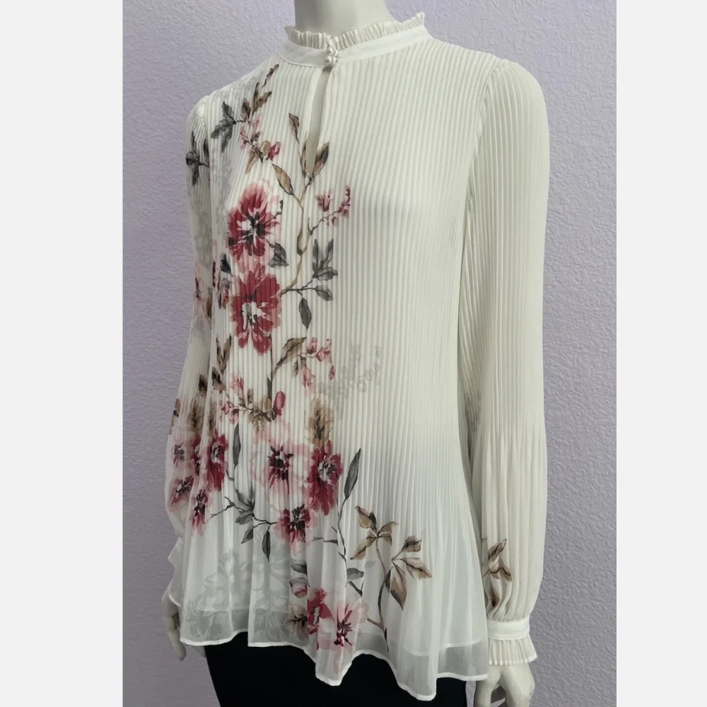 WHBM Womens White Floral Print Pleated Blouse Sz8 NWT - Picture 5 of 10